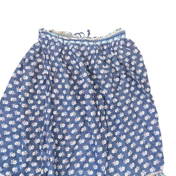 Vintage Navy Blue and Cream Floral Knee Length Peasant Wrap Skirt - Picture 2 of 5